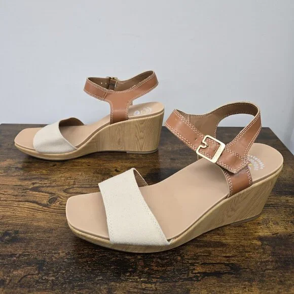 Dr Scholls Glimmer Sandals Womens 11M Slingback Strappy Wedge Canvas Brown - Picture 3 of 10